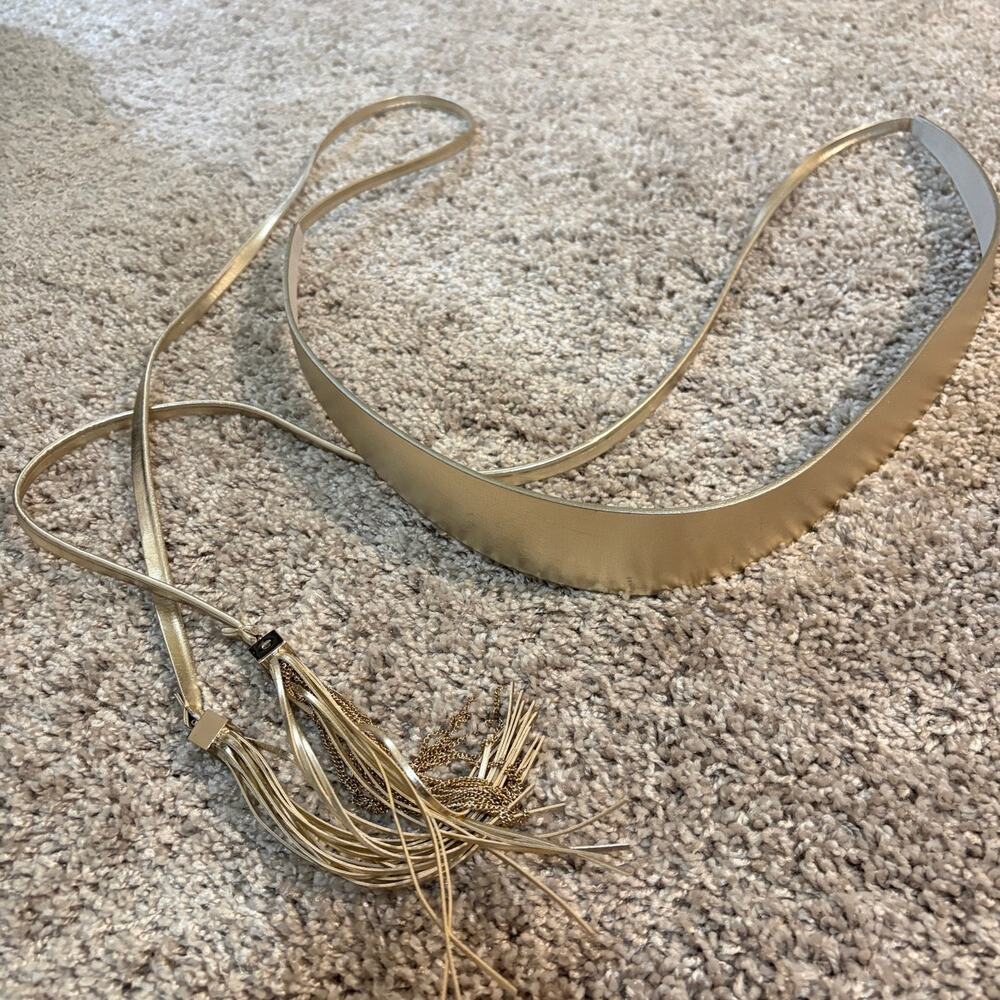 White House Black Market Obi Belt Womens M/L Gold Wrap Tie Tassel Belt